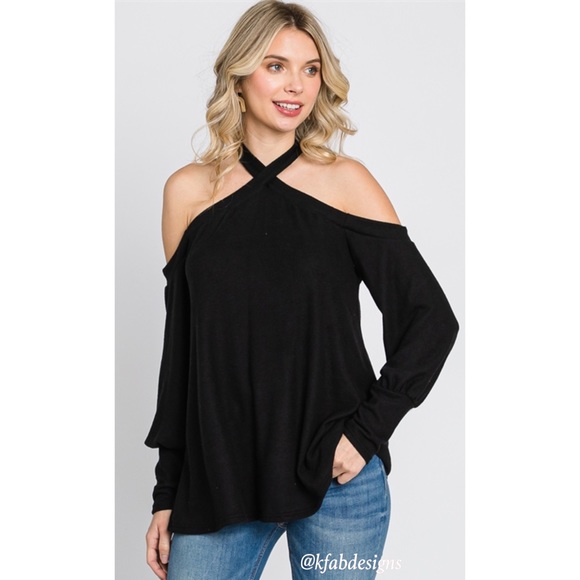 LAST 1! Super Soft Black Cross Neck Cold Shoulder Cuffed Sleeve Top - Picture 8 of 8